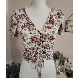 Floral Ruched Crop Short Sleeve Top V-Neck